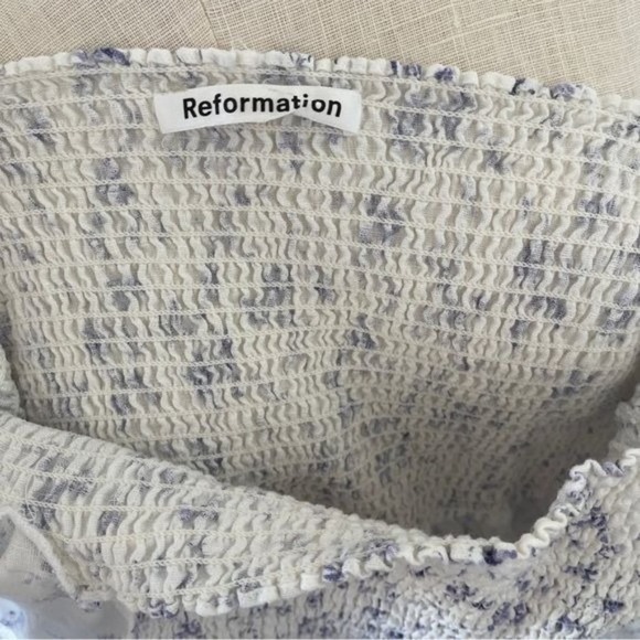 Reformation Midi Dress Smocked Puff Sleeves White Linen Floral Long Slit Medium - Picture 10 of 15